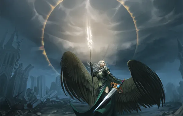 Картинка девушка, крылья, ангел, меч, арт, avacyn