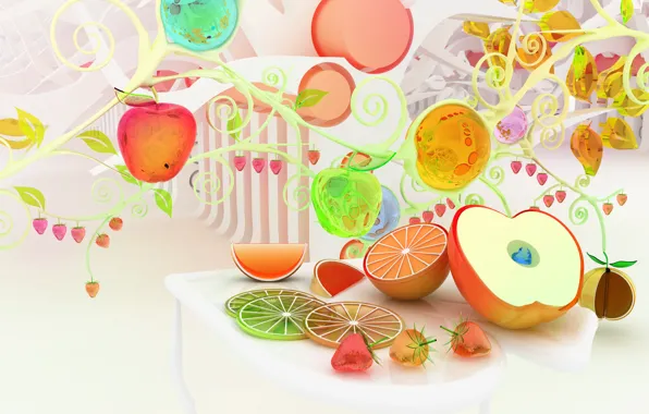 Картинка яблоки, апельсины, клубника, фрукты, разноцветные, Chromatic fruits
