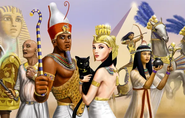 Картинка кошка, девушки, кони, колесница, воин, арт, пирамида, фараон, парни, египет, сфинкс, жрец