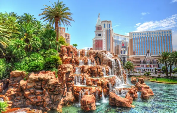 Картинка пальмы, hdr, Лас-Вегас, USA, США, водопады, Невада, Las Vegas, Nevada, Venetian Hotel