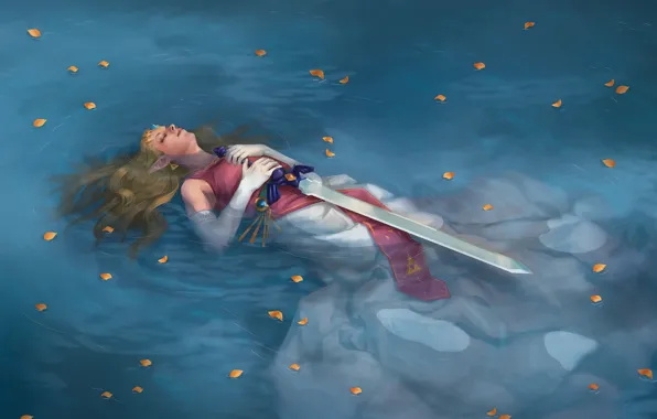 Картинка вода, девушка, озеро, лепестки, арт, Legend of Zelda, лежа. меч