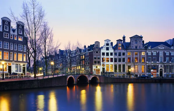 Картинка огни, река, дома, Нидерланды