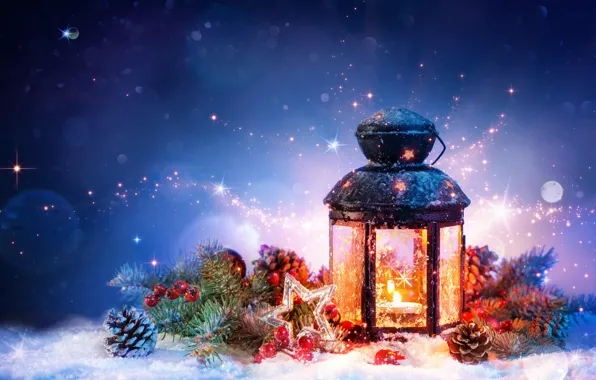 Картинка снег, украшения, Рождество, фонарь, Новый год, мишура, шишки