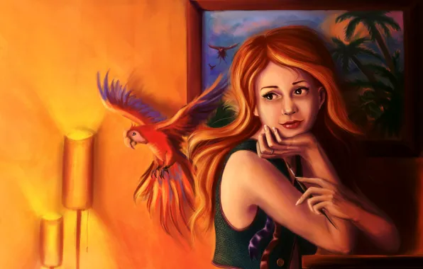Картинка взгляд, девушка, свет, комната, картина, арт, попугай, рыжая