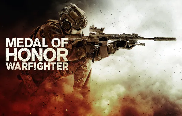 Картинка осколки, оружие, дым, пыль, солдат, автомат, каска, бронежилет, Medal of Honor: Warfighter