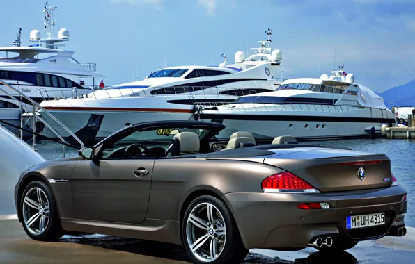 Картинка пристань, яхты, cabrio, BMW M6, серый металлик, карбиолет