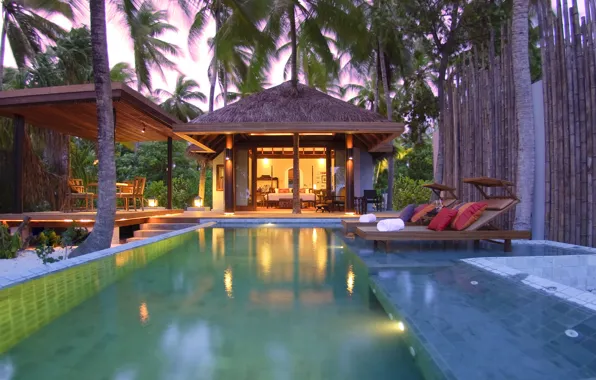 Картинка дом, пальмы, бассейн, Мальдивы, экзотика, бунгало