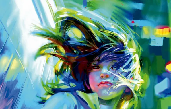 Картинка девушка, лицо, ветер, волосы, арт, benjamin, Zhang Bin