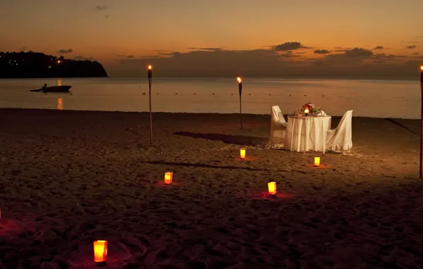Картинка пляж, океан, романтика, вечер, факелы, ужин