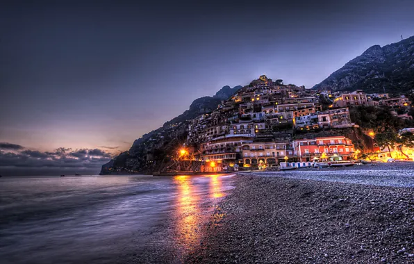 Картинка горы, город, HDR, дома, вечер, Италия, Italy, Campania, Positano
