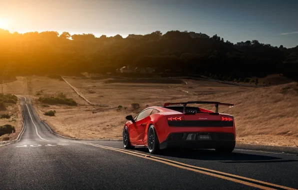 Картинка Lamborghini, Red, Gallardo, Sun, Road, LP570-4, Supercar, Spoiler, Rear, Super Trofeo