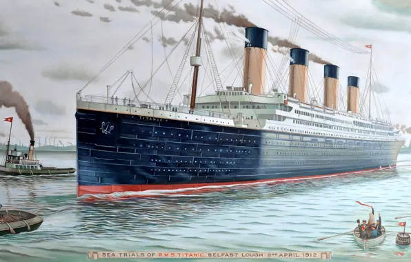 Картинка Вода, Лайнер, день, Лодки, Титаник, Судно, Titanic, Отход
