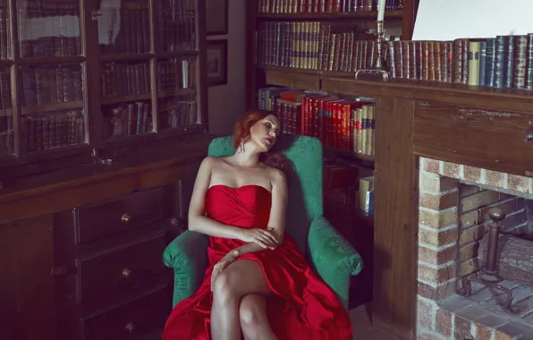 Картинка девушка, лицо, комната, красное, книги, макияж, платье, ножки, полки