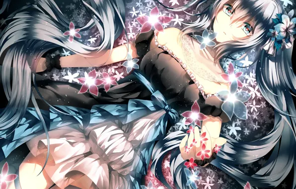 Картинка девушка, цветы, ленты, аниме, арт, vocaloid, hatsune miku, бант, conclusion, fuuna