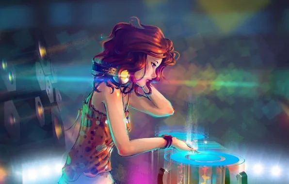 Картинка music, girl, red hair, headphones, art