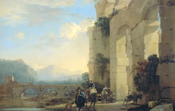 Картинка пейзаж, картина, Ян Асселин, Ездоки на Ослах в Итальянских Руинах
