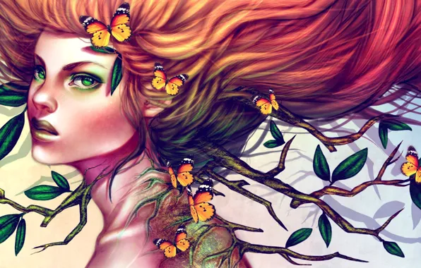 Картинка взгляд, листья, девушка, бабочки, ветки, волосы, арт, рыжая, зеленые глаза