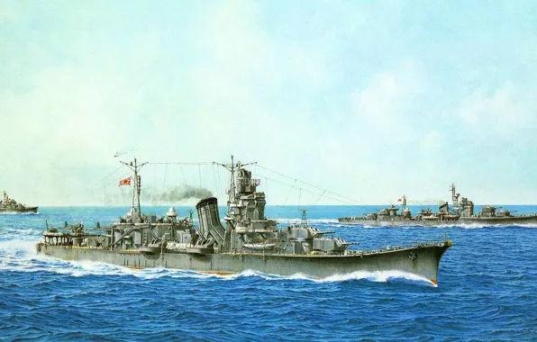 Картинка море, рисунок, арт, японские, в походе, WW2, &quot;Furutaka&quot;, легкие крейсера, &quot;Oyodo&quot;