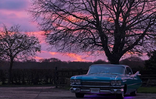 Картинка ретро, рассвет, Cadillac, стоянка, 1959, Sedan de Ville