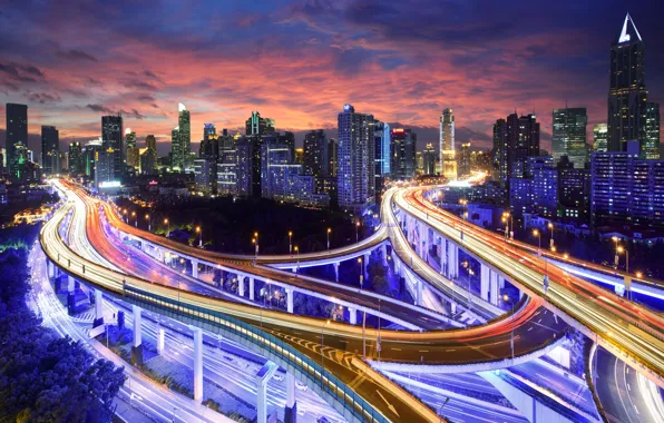 Картинка свет, ночь, город, огни, China, здания, дороги, Гонконг, небоскребы, выдержка, шоссе, Китай, Азия, высотки, высотные, …
