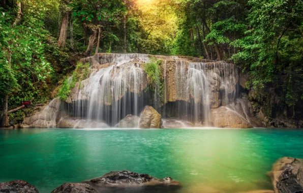Картинка лес, деревья, река, камни, водопад, обработка, поток, джунгли, Thailand, таиланд, каскад