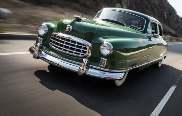 Картинка дорога, горы, движение, скорость, трасса, 1950, Sedan, Custom, Nash, Ambassador