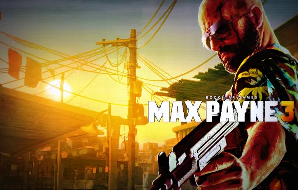 Картинка кровь, очки, лысый, Оружие, Uzi, Max Payne 3, Rockstar Games, пистолет-пулемёт