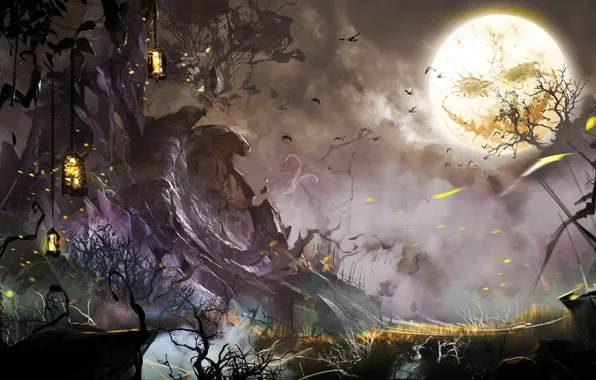 Картинка деревья, птицы, ночь, лицо, луна, арт, фонари, halloween, guild wars 2, жуть