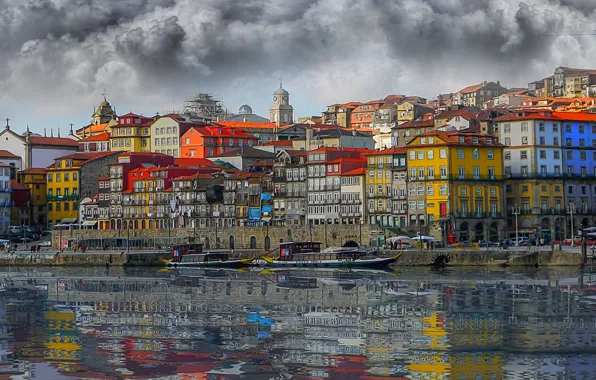 Картинка отражение, река, здания, дома, лодки, размытость, Португалия, набережная, Portugal, Porto, Порту, река Дуэро, Douro River