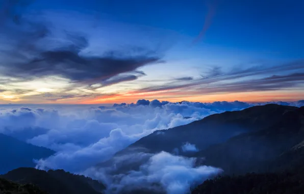 Картинка небо, облака, деревья, закат, горы, туман, холмы, вечер, Китай, Тайвань, дымка, Национальный Парк