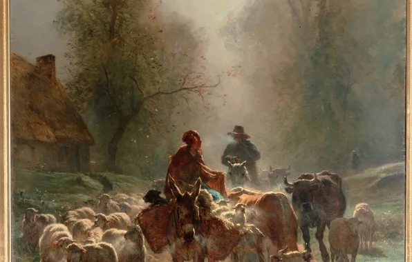 Картинка овцы, коровы, на пути к рынку, the way to the market, Constant Troyon, Констан Тройон
