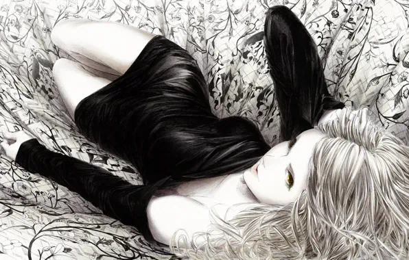Картинка девушка, рисунок, платье, арт, ткань, черно-белое, лежа, монохромное, sawasawa