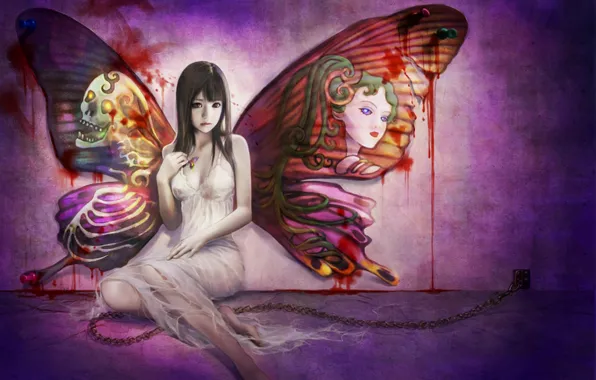 Картинка девушка, аниме, Крылья, стены в крови, аковы