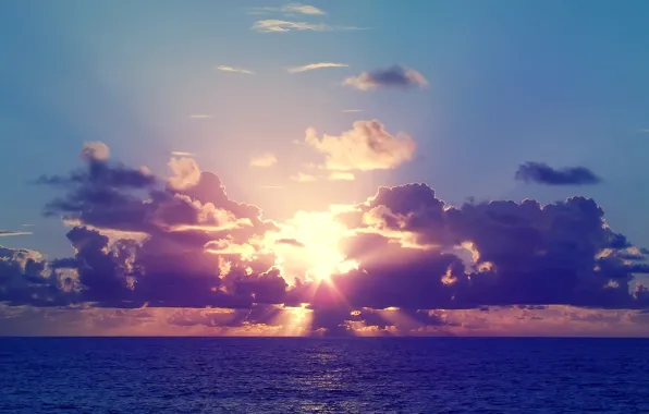 Картинка море, небо, солнце, закат, тучи
