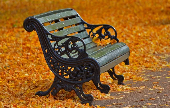 Картинка осень, листья, Лондон, скамья, Риджентс-парк