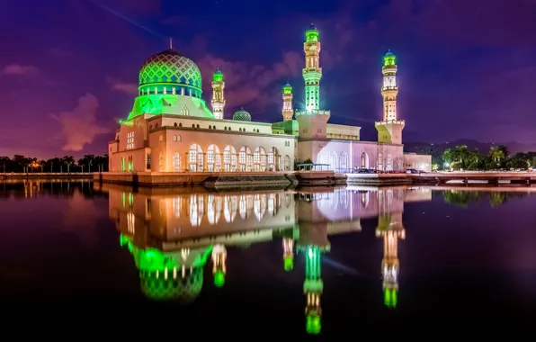 Картинка свет, ночь, город, отражение, мечеть, Kota Kinabalu, Кота-Кинабалу