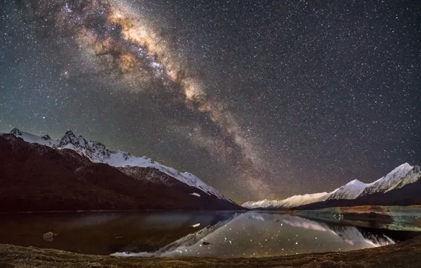 Картинка космос, звезды, снег, горы, озеро, отражение, зеркало, Млечный Путь