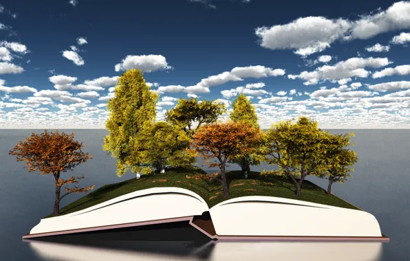 Картинка осень, небо, облака, деревья, листва, открытая книга
