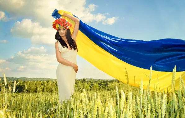 Картинка поле, небо, трава, облака, синий, желтый, платье, флаг, шатенка, Украина, венок, талия, украинка