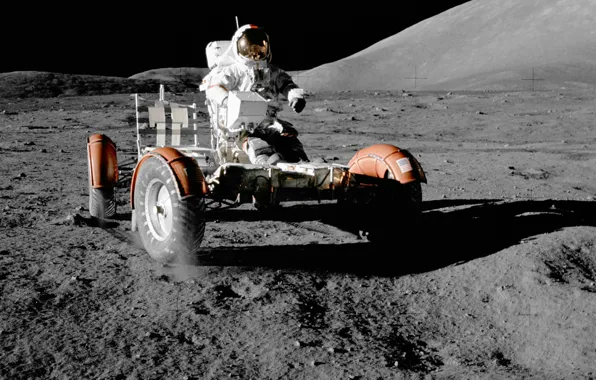 Картинка космос, обои, луна, космонавт, nasa, лунный автомобиль