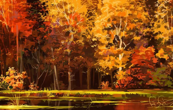 Картинка осень, лес, деревья, озеро, арт