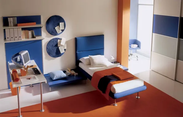 Картинка interior, decor, blue-orange, childrens bedroom