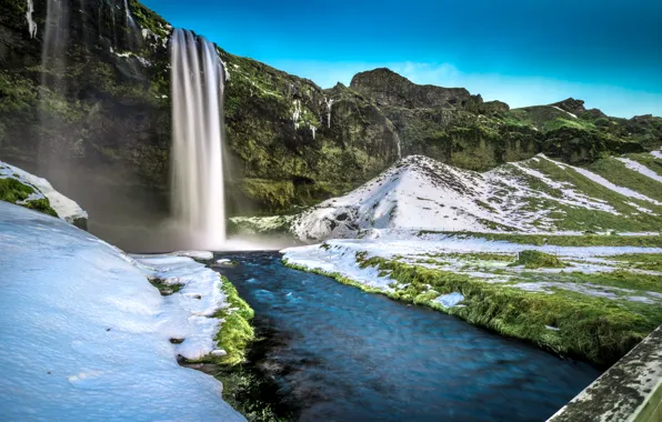 Картинка трава, снег, мост, скалы, водопад, Исландия, Seljalandsfoss Waterfall