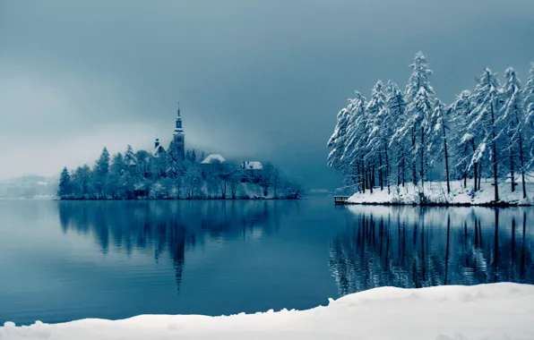 Картинка зима, снег, озеро, собор, на острове
