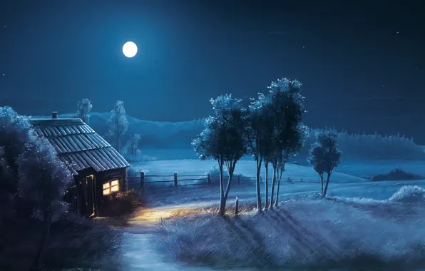 Картинка поле, ночь, дом, дерево, луна