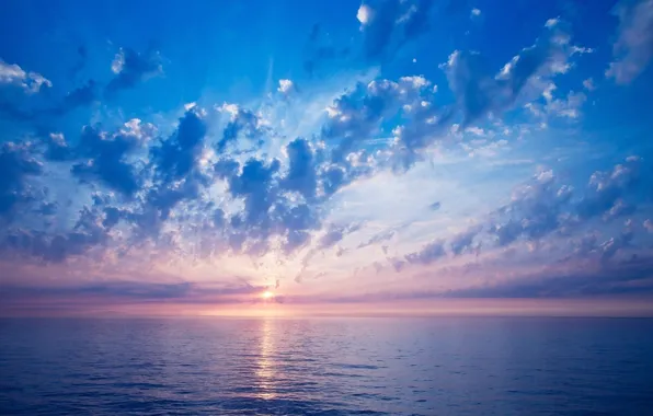 Картинка море, небо, облака, восход, горизонт