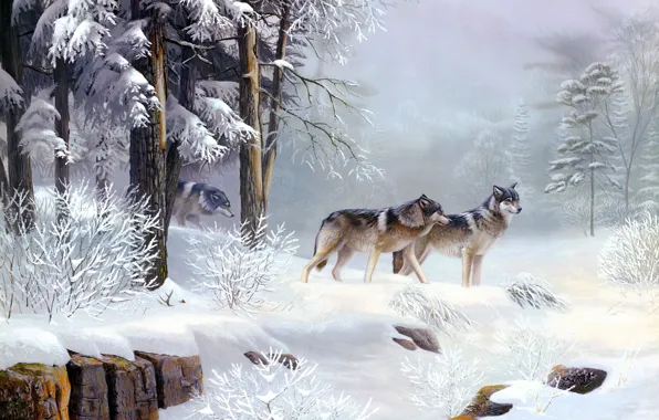 Картинка холод, зима, лес, животные, утро, волки, живопись, Morning Solitude, Leo Stans, морозное