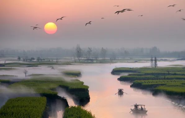 Картинка река, Китай, мгла, разлив, сад тысячи островов