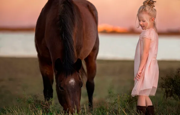 Картинка закат, природа, лошадь, платье, девочка