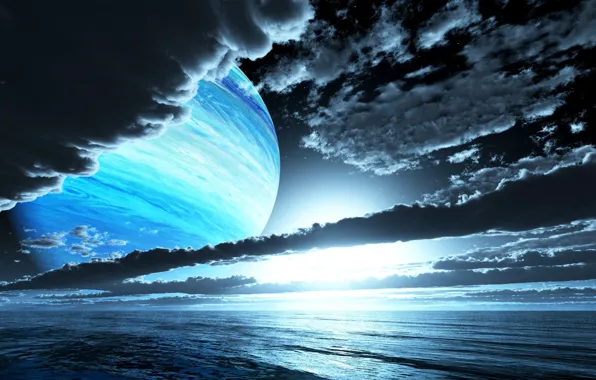Картинка море, небо, облака, закат, планета, спутник, вечер